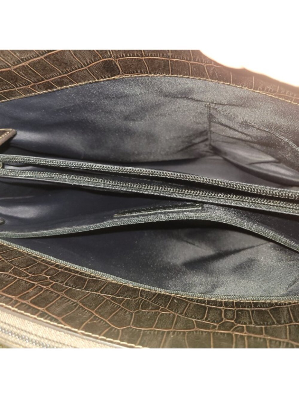 KAREN CALLAN DESIGNS LEATHER Messenger Bag Crocodile Embossed Hand Straps Brown - Picture 3 of 4